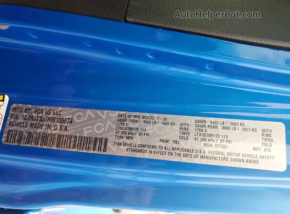 1C4RJXSJ7RW155674 2024 JEEP WRANGLER Blue Vista de la etiqueta del VIN