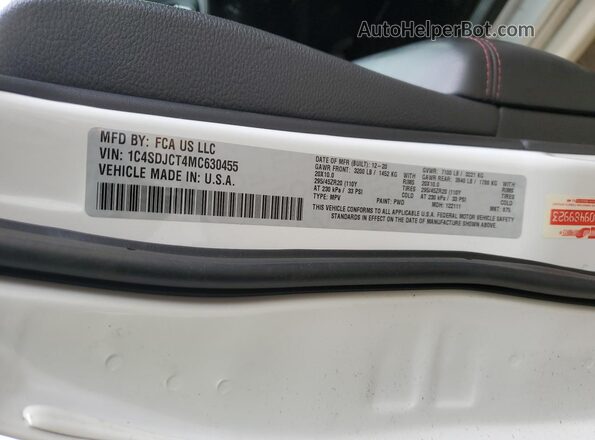 1C4SDJCT4MC630455 2021 DODGE DURANGO White VIN կոդի պիտակի տեսք