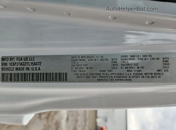 1C6PJTAG2TL158472 2026 JEEP GLADIATOR White Widok naklejki z numerem VIN