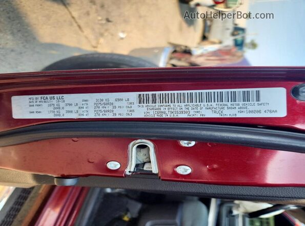 1C6RR6LT9KS539303 2019 RAM 1500 Burgundy Vista de la etiqueta del VIN