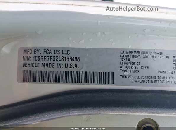 1C6RR7FG2LS156468 2020 RAM 1500 CLASSIC White Вид підкапотного простору