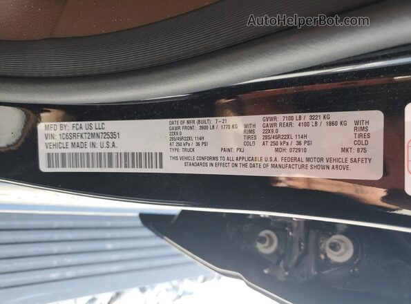 1C6SRFKT2MN725351 2021 RAM 1500 Black Widok naklejki z numerem VIN