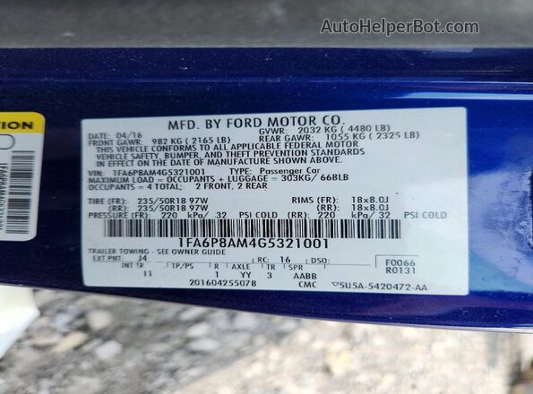 1FA6P8AM4G5321001 2016 FORD MUSTANG Синий Вид наклейки с VIN-кодом