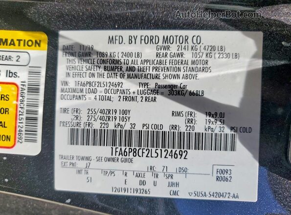 1FA6P8CF2L5124692 2020 FORD MUSTANG Gray VIN კოდის სტიკერის ხედი