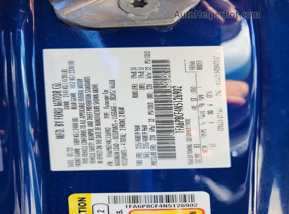 1FA6P8CF4N5126902 2022 FORD MUSTANG Blue Widok naklejki z numerem VIN