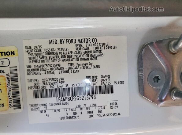 1FA6P8CF5G5215798 2016 FORD MUSTANG White Widok naklejki z numerem VIN