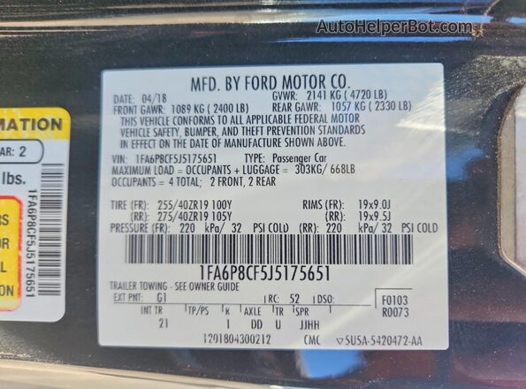 1FA6P8CF5J5175651 2018 FORD MUSTANG Black Vista del compartimento del motor