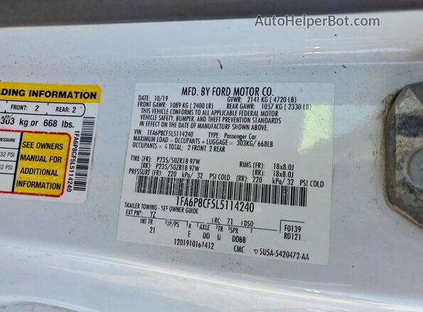 1FA6P8CF5L5114240 2020 FORD MUSTANG White Вид наклейки з VIN-кодом