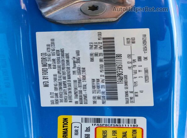 1FA6P8CF5N5111180 2022 FORD MUSTANG Blue VIN sticker view
