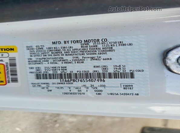 1FA6P8CF6S5407496 2025 FORD MUSTANG White VIN კოდის სტიკერის ხედი