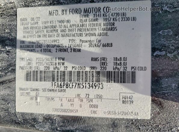 1FA6P8CF7N5134993 2022 FORD MUSTANG Black VIN կոդի պիտակի տեսք
