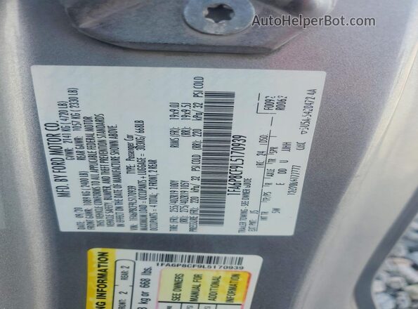 1FA6P8CF9L5170939 2020 FORD MUSTANG Gray Widok naklejki z numerem VIN