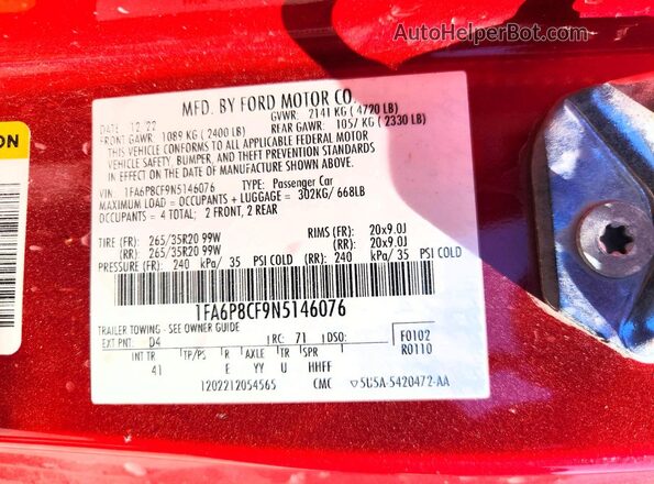 1FA6P8CF9N5146076 2022 FORD MUSTANG Red Շարժիչի բաժամունքի տեսք