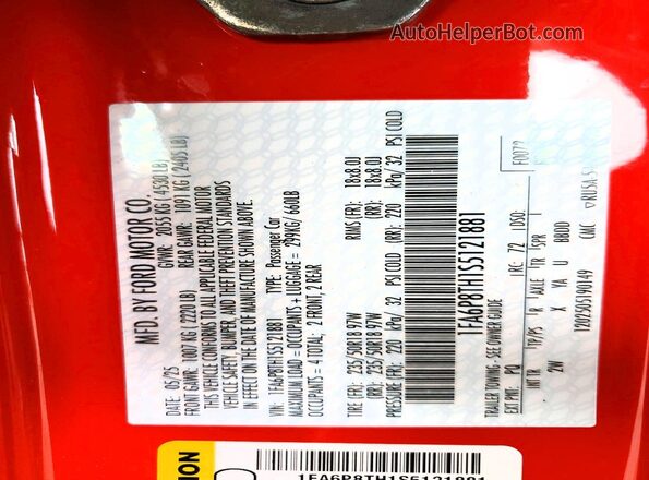 1FA6P8TH1S5121881 2025 FORD MUSTANG Красный Вид наклейки с VIN-кодом