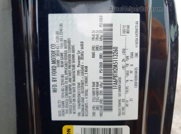 1FA6P8TH2M5113260 2021 FORD MUSTANG Blue Շարժիչի բաժամունքի տեսք