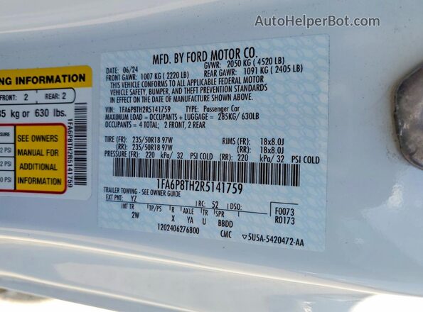1FA6P8TH2R5141759 2024 FORD MUSTANG White VIN sticker view