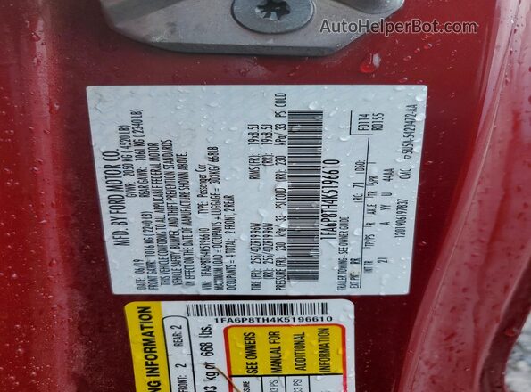 1FA6P8TH4K5196610 2019 FORD MUSTANG Красный Вид подкапотного пространства