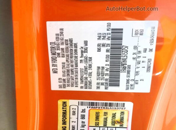 1FA6P8TH4L5153757 2020 FORD MUSTANG Orange Widok komory silnika