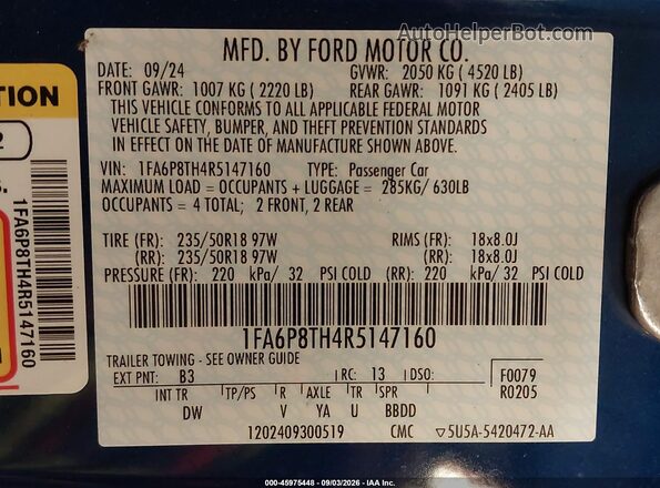 1FA6P8TH4R5147160 2024 FORD MUSTANG Blue Widok komory silnika