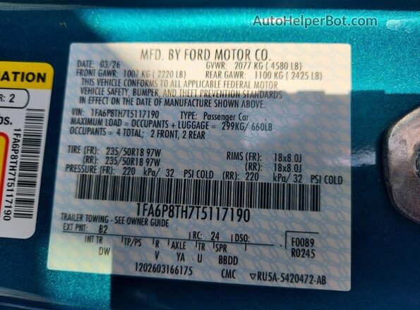 1FA6P8TH7T5117190 2026 FORD MUSTANG Turquoise Vista del compartimento del motor