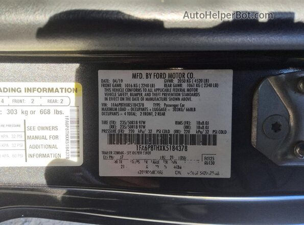 1FA6P8THXK5184378 2019 FORD MUSTANG Gray Widok komory silnika