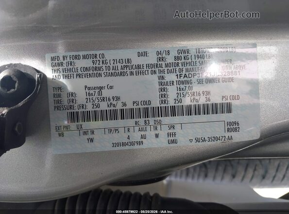 1FADP3F21JL328881 2018 FORD FOCUS Серебряный Вид подкапотного пространства