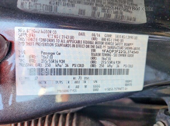 1FADP3F22GL374549 2016 FORD FOCUS Silver Widok naklejki z numerem VIN