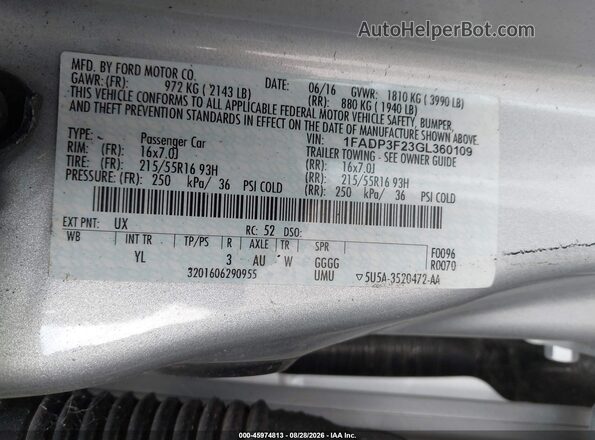1FADP3F23GL360109 2016 FORD FOCUS Silver Engine compartment view