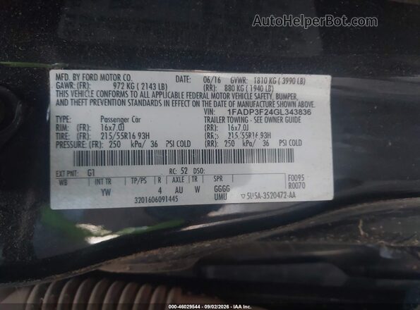 1FADP3F24GL343836 2016 FORD FOCUS Black Engine compartment view