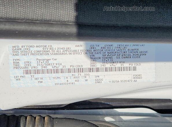 1FADP3F26GL306299 2016 FORD FOCUS White ძრავის განყოფილების ხედი