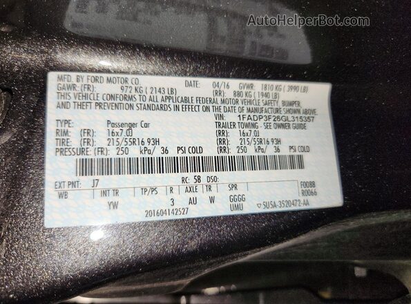 1FADP3F26GL315357 2016 FORD FOCUS Gray Widok naklejki z numerem VIN