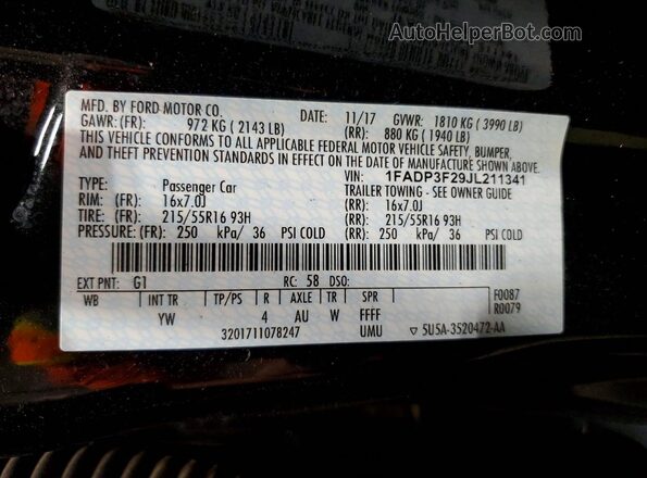1FADP3F29JL211341 2018 FORD FOCUS Black VIN կոդի պիտակի տեսք