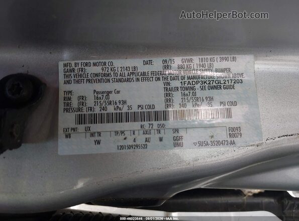 1FADP3K27GL217203 2016 FORD FOCUS Silver Вид підкапотного простору