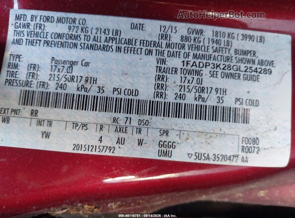 1FADP3K28GL254289 2016 FORD FOCUS Red Widok komory silnika