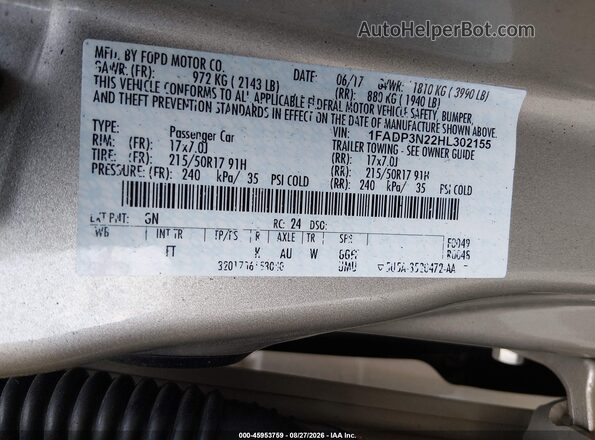 1FADP3N22HL302155 2017 FORD FOCUS Золотой Вид подкапотного пространства
