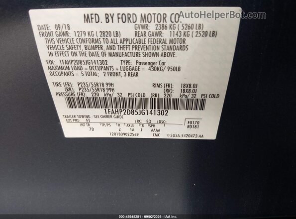 1FAHP2D85JG141302 2018 FORD TAURUS Blue Engine compartment view