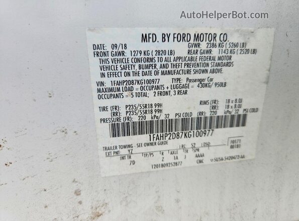 1FAHP2D87KG100977 2019 FORD TAURUS White VIN կոդի պիտակի տեսք