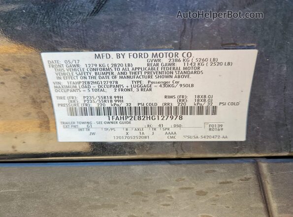 1FAHP2E82HG127978 2017 FORD TAURUS Black Շարժիչի բաժամունքի տեսք