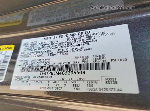 1FATP8EM4G5206508 2016 FORD MUSTANG Charcoal Շարժիչի բաժամունքի տեսք