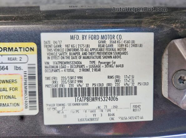 1FATP8EM9H5324006 2017 FORD MUSTANG Gray ძრავის განყოფილების ხედი