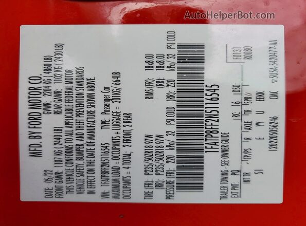 1FATP8FF2N5116545 2022 FORD MUSTANG Red VIN კოდის სტიკერის ხედი