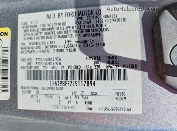 1FATP8FF7J5117894 2018 FORD MUSTANG Silver Vista del compartimento del motor