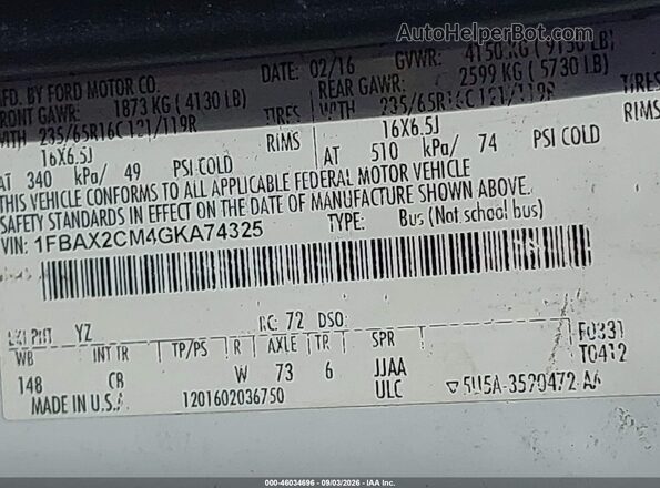 1FBAX2CM4GKA74325 2016 FORD TRANSIT-350 Белый Вид подкапотного пространства