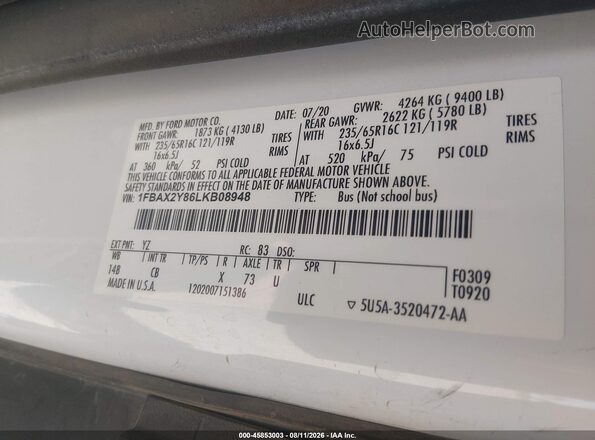 1FBAX2Y86LKB08948 2020 FORD TRANSIT-350 White Շարժիչի բաժամունքի տեսք