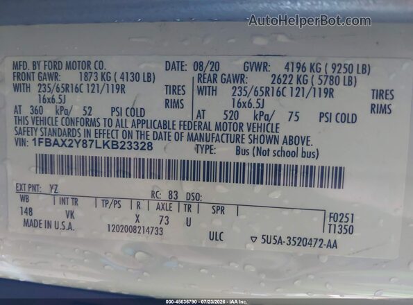 1FBAX2Y87LKB23328 2020 FORD TRANSIT-350 White Вид підкапотного простору