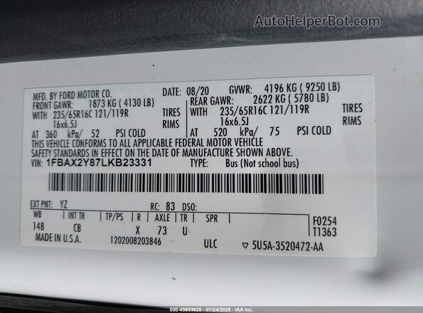 1FBAX2Y87LKB23331 2020 FORD TRANSIT-350 White Вид підкапотного простору