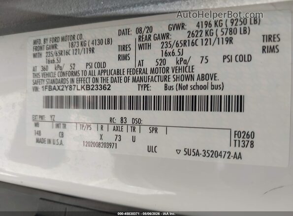 1FBAX2Y87LKB23362 2020 FORD TRANSIT-350 Белый Вид подкапотного пространства