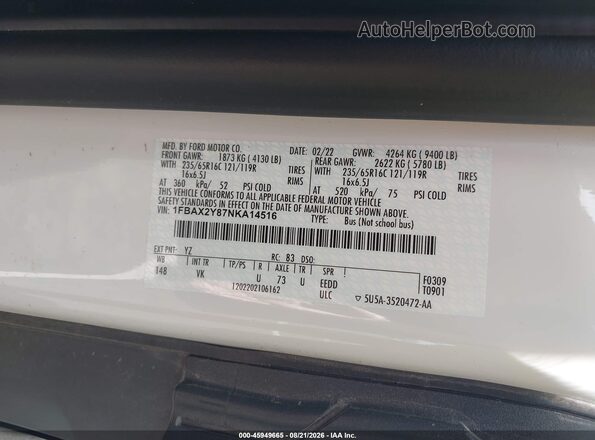 1FBAX2Y87NKA14516 2022 FORD TRANSIT-350 White Widok komory silnika