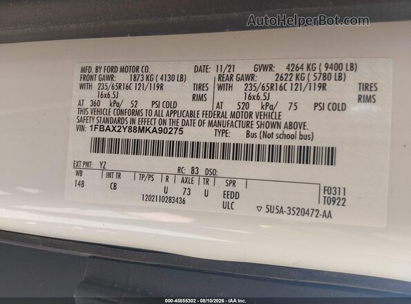 1FBAX2Y88MKA90275 2021 FORD TRANSIT-350 White Շարժիչի բաժամունքի տեսք