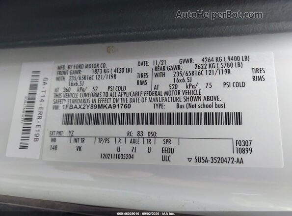 1FBAX2Y89MKA91760 2021 FORD TRANSIT-350 White Շարժիչի բաժամունքի տեսք